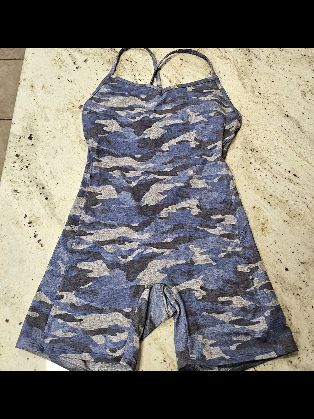 Blue Camo One-Piece Athletic Jumpsuit Padded Tank Top Spaghetti Strap Activewear